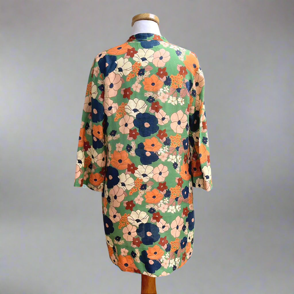 Trovata green floral linen Lucca dress, size XS