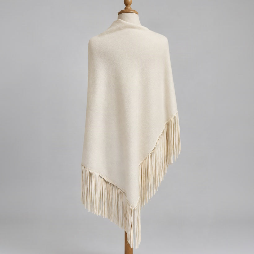 Jennifer Tyler cream cashmere and suede fringe cape, BRAND NEW WITH TAGS!