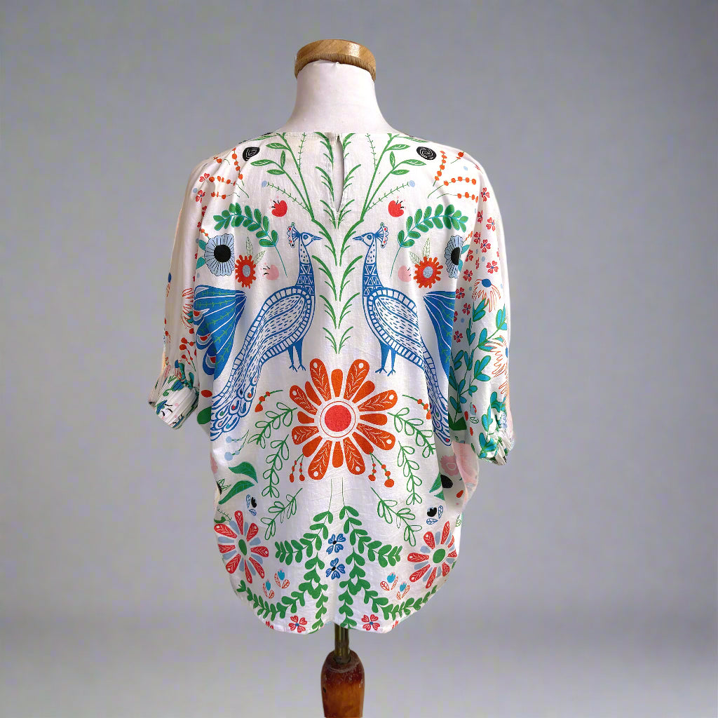 Sheridan French blue peacock print blouse, size S