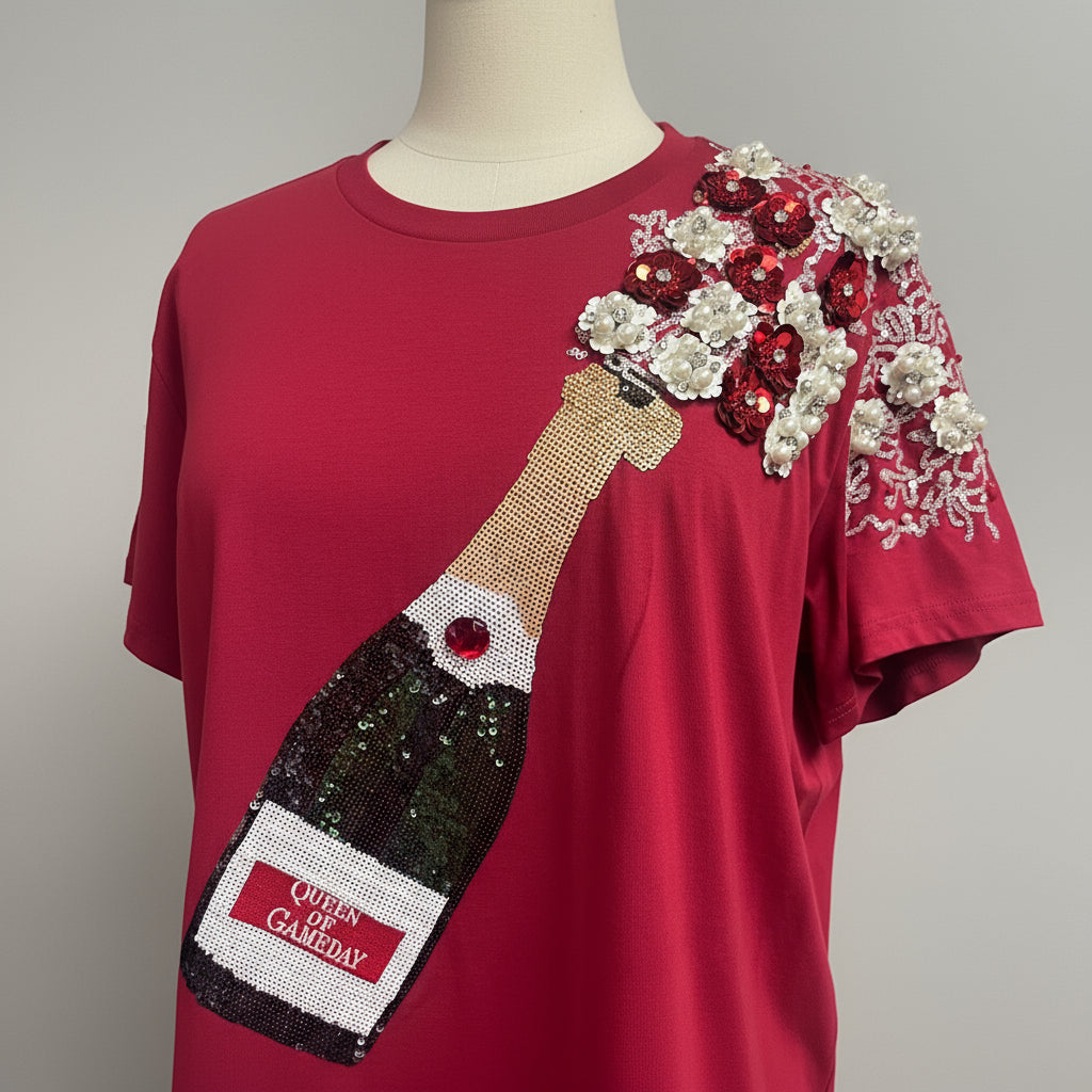 Queen of Sparkles brick red Queen of Game Day tee, size M