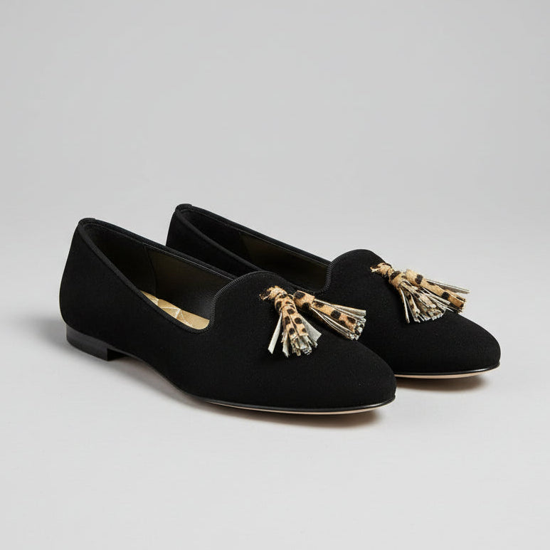 Birdies black flat with cheetah tassels, size 7, BRAND NEW IN BOX!