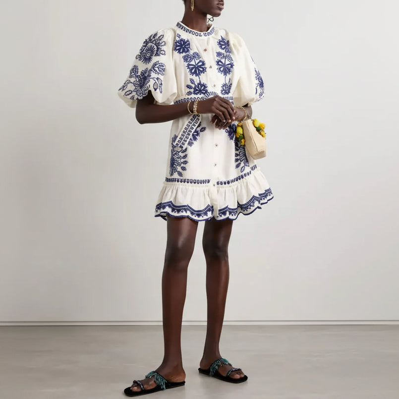 FARM Rio white and cobalt blue Richelieu Broderie Anglais dress, size M