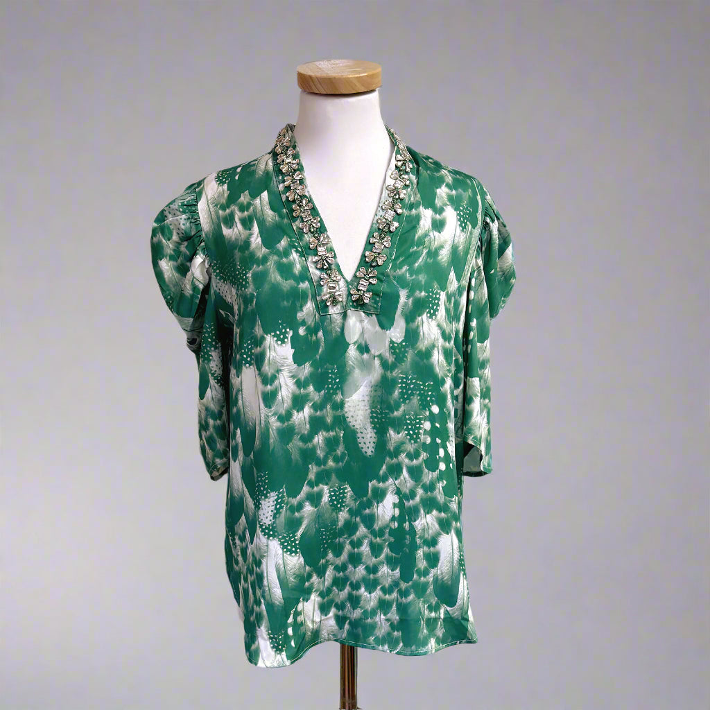 Sheridan French green print Natalie blouse, size S