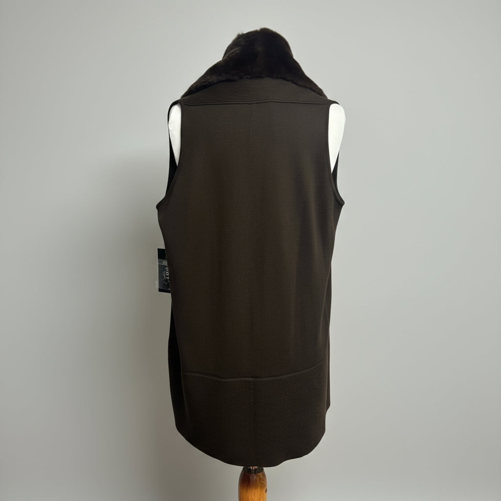 Worth brown wool vest with rabbit trim, size P, NEW WITH TAGS!