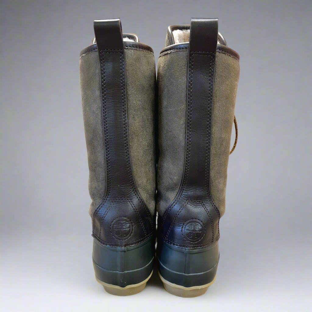 Tory Burch brown and olive Argyll duck boots, size 8