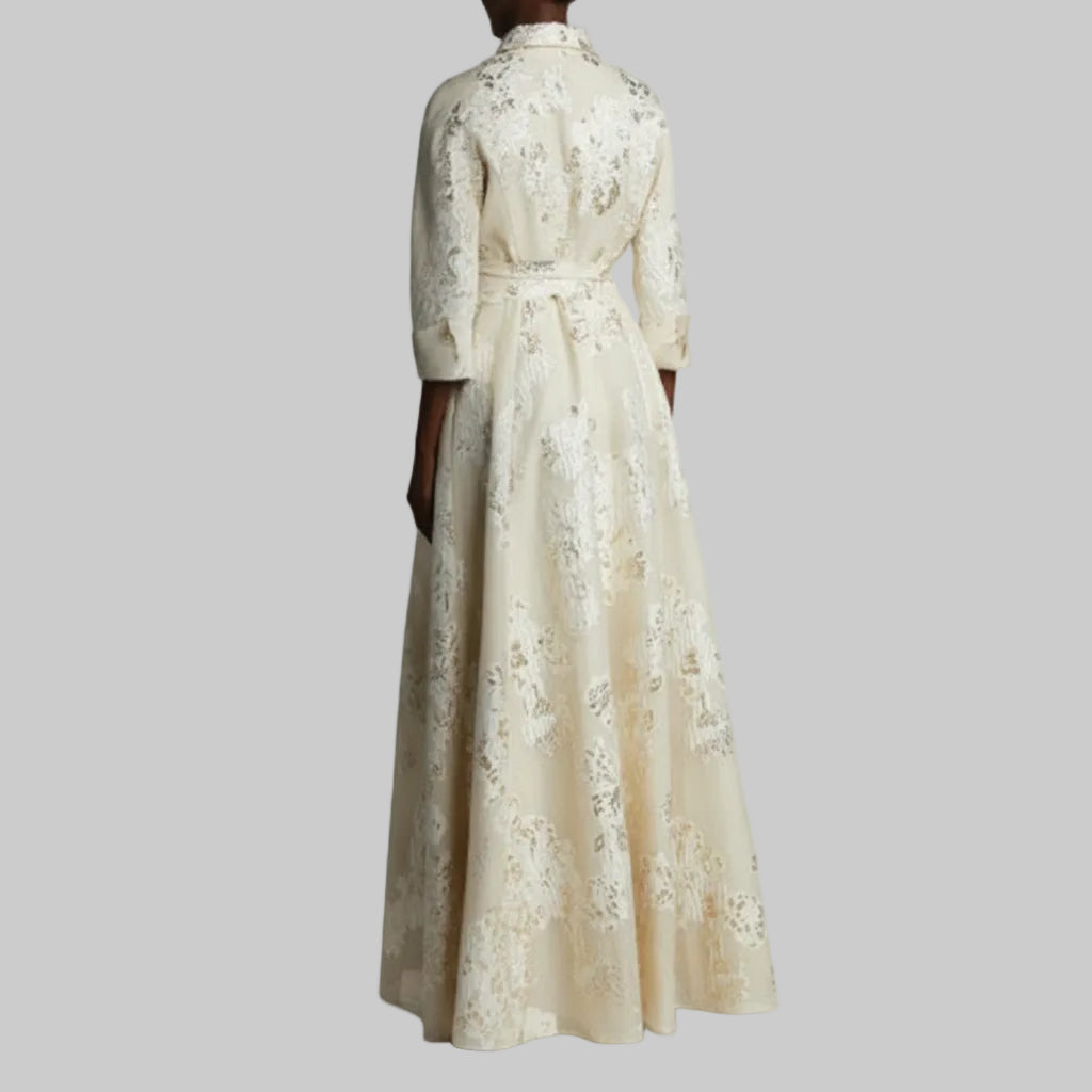 Terijon champagne metallic jacquard dress, size 16