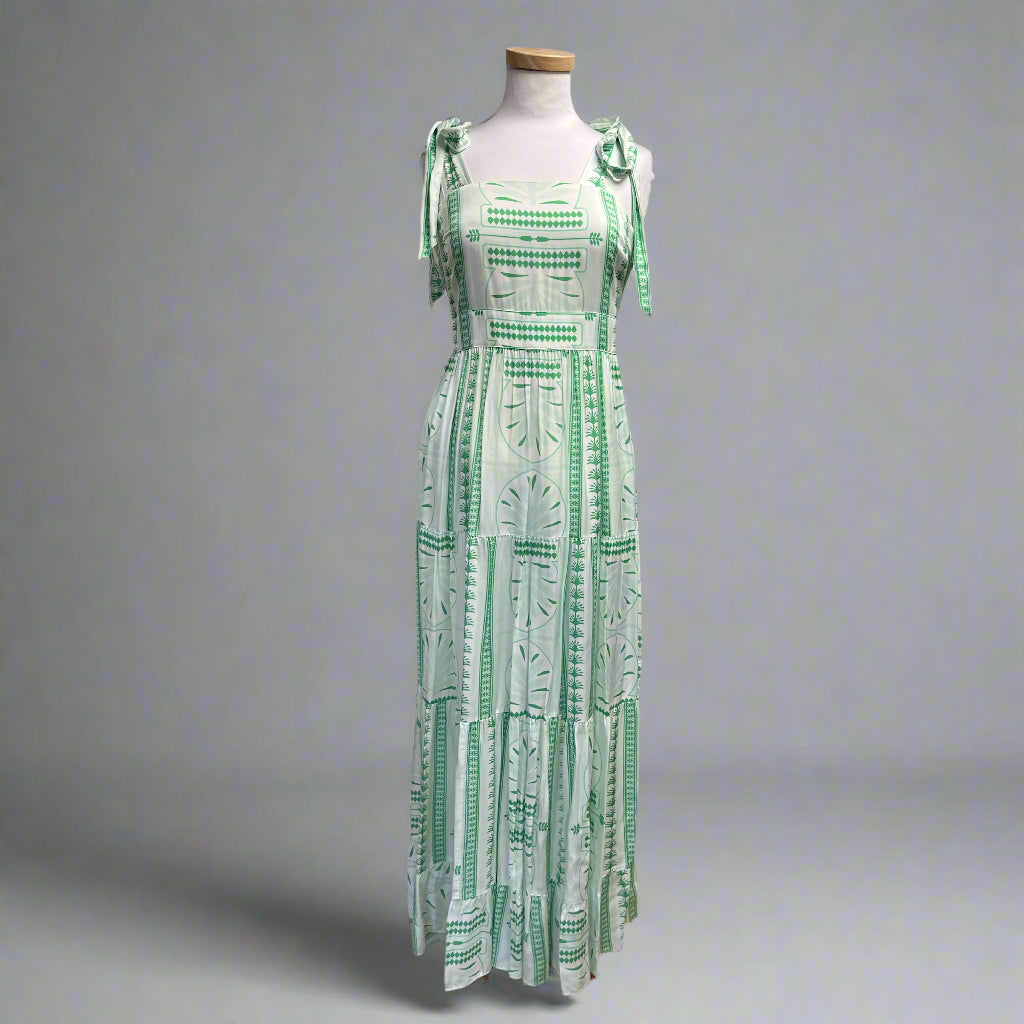 Emily McCarthy green print Royal Palm Bow maxi dress, size XS