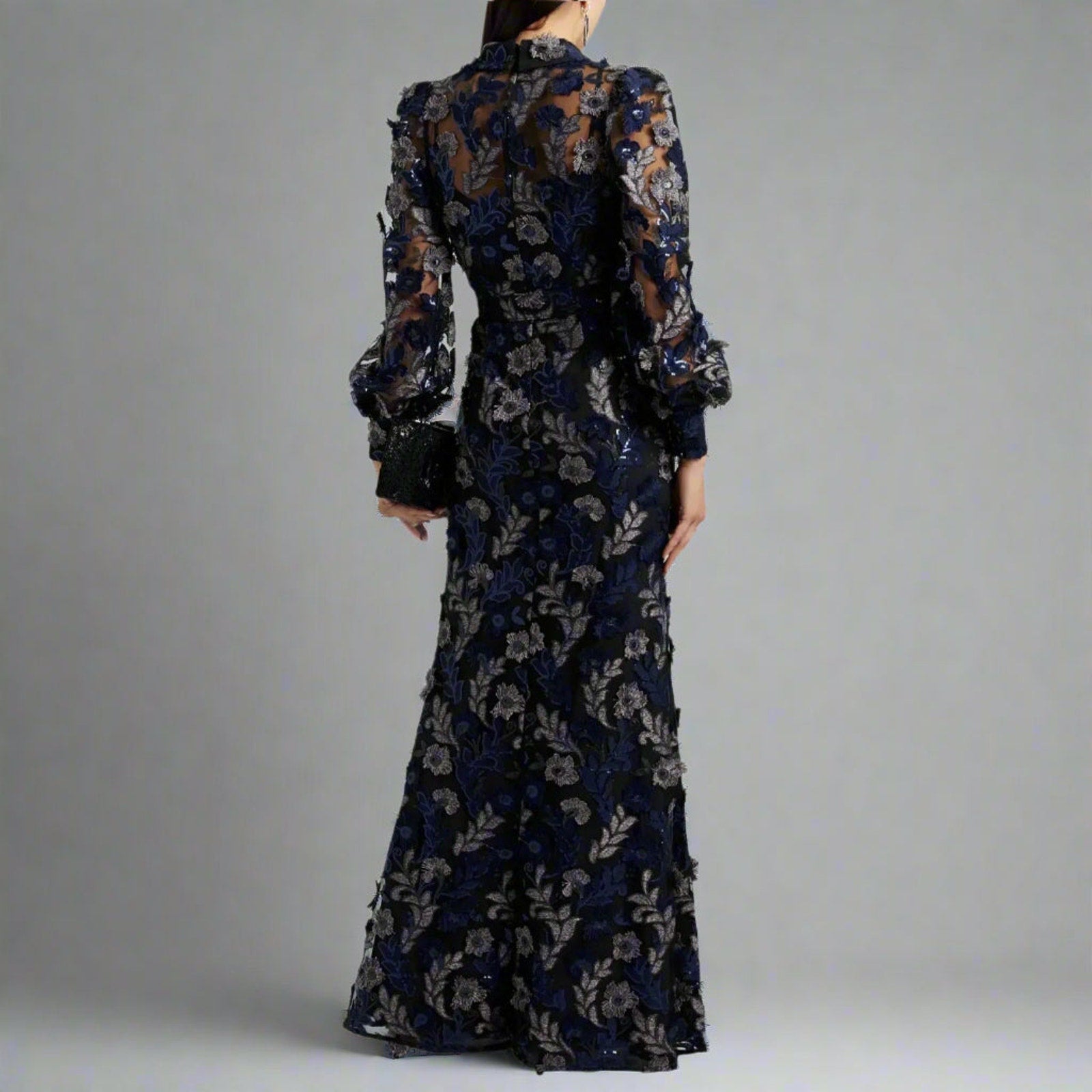 Badgley Mischka black, navy, and plum floral sequin dress, size 6