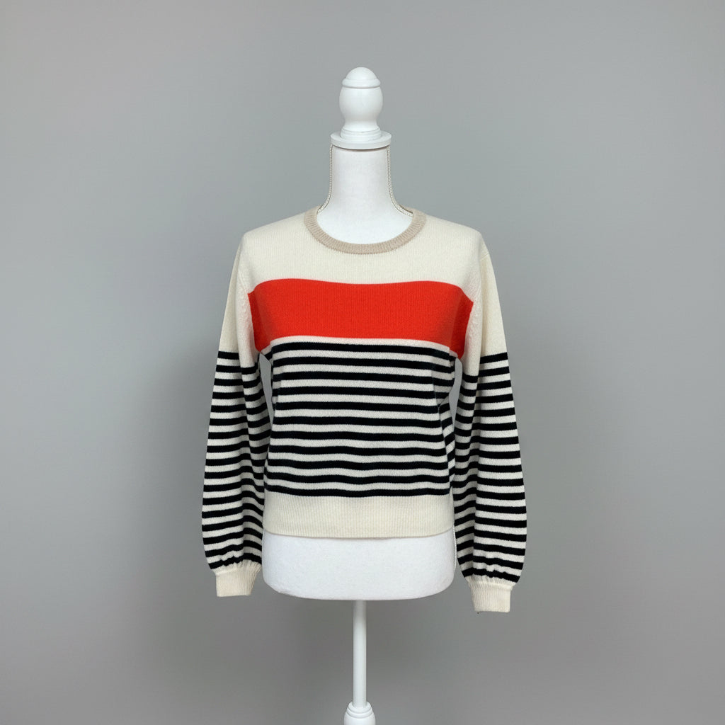 Trovata cream, orange, and navy stripe cashmere sweater, size XS