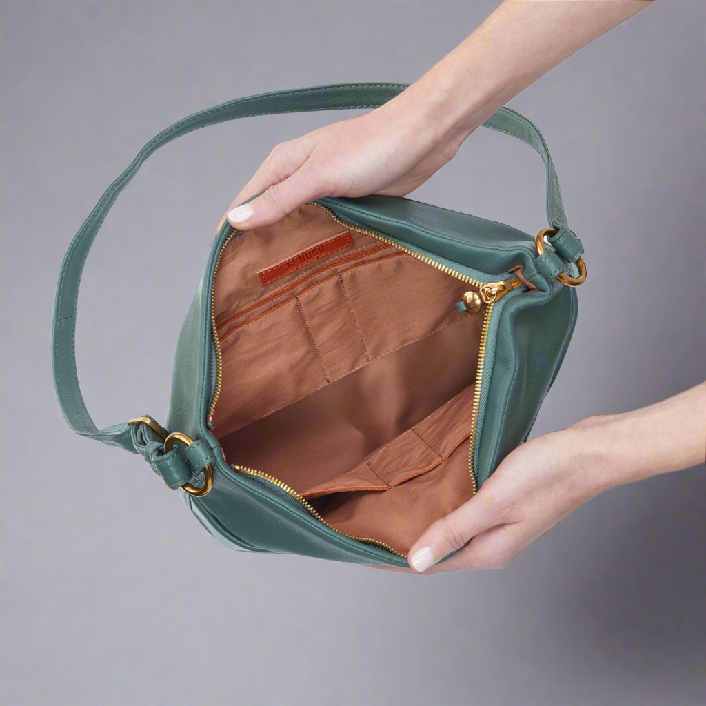 Hobo dark sage leather Fern Bucket Crossbody, LIKE NEW!