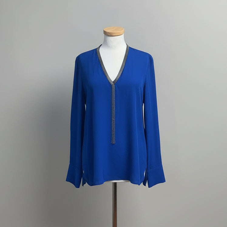 Elie Tahari cobalt blue silk blouse with silver chain, size S, NEW WITH TAGS!