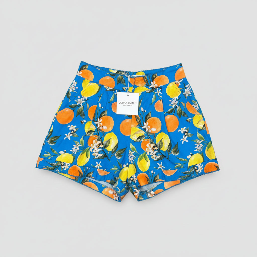 Olivia James the Label blue citrus print Sami shorts, size S, NEW WITH TAGS!
