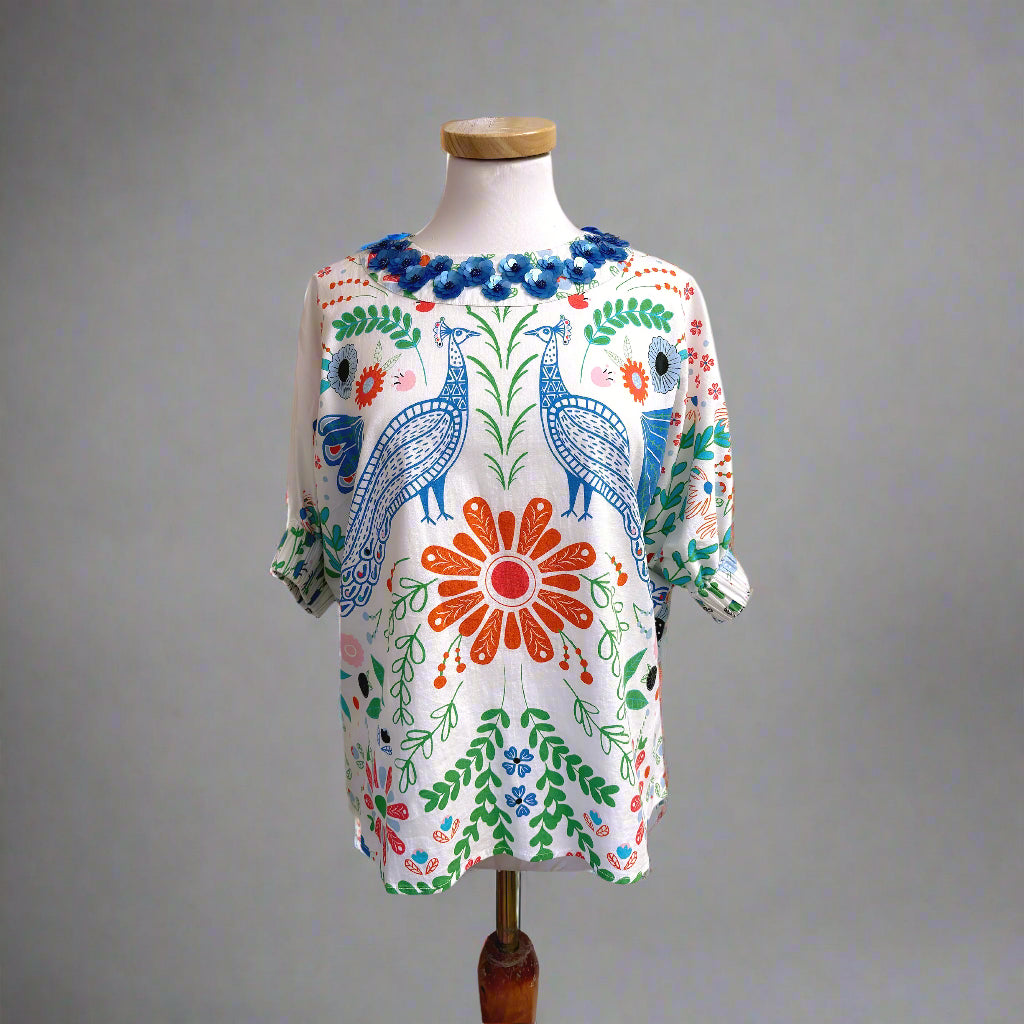 Sheridan French blue peacock print blouse, size S