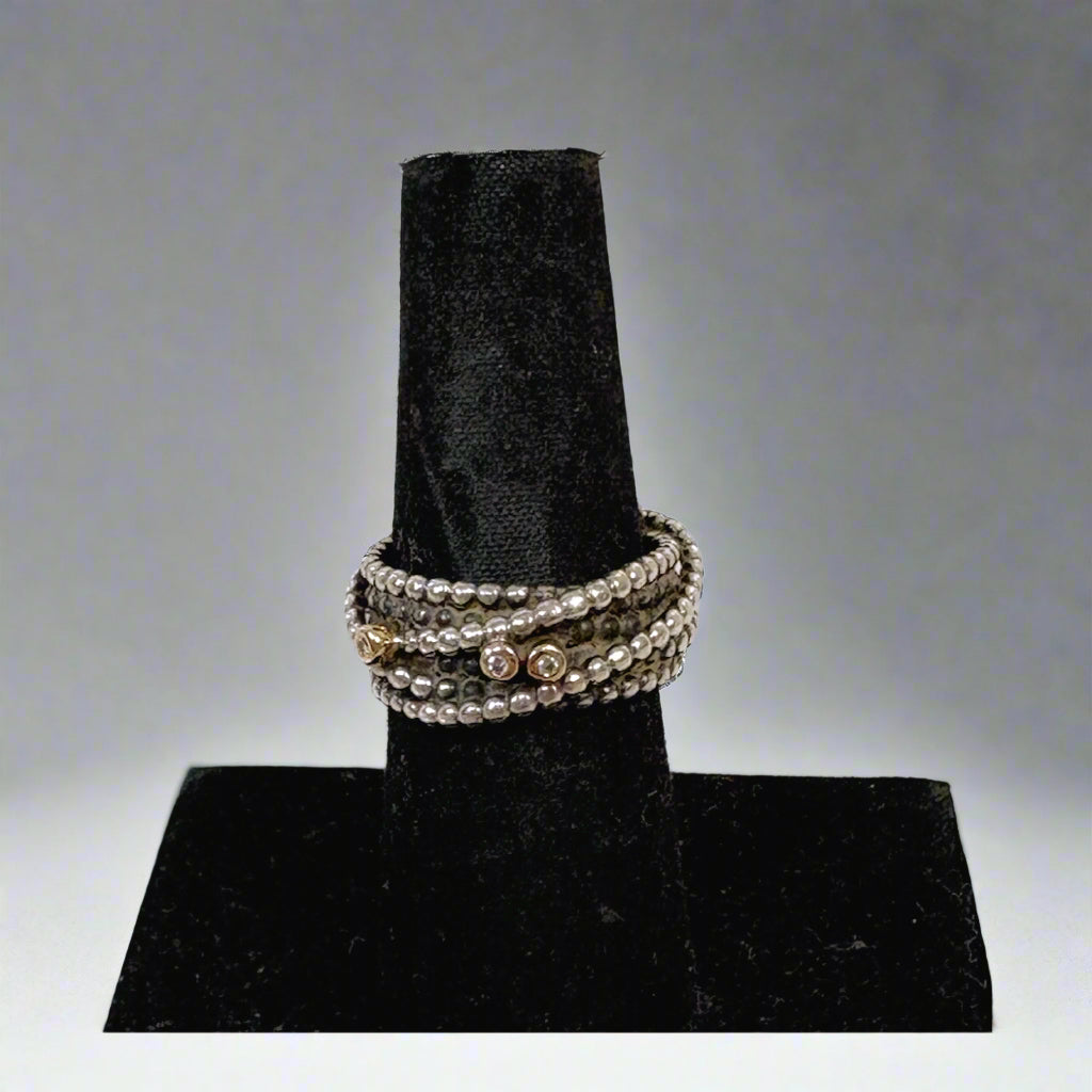 Pandora sterling, 14K gold, and diamond ring, size 7