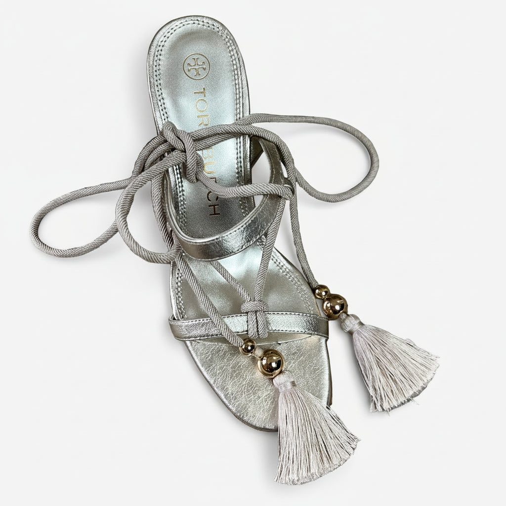 Tory Burch gold wedge shoes with tassel ties, size 8