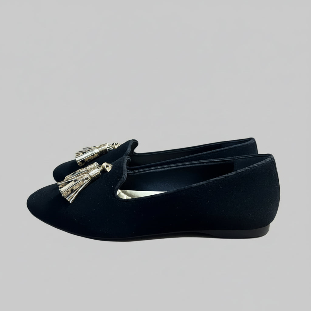 Birdies black flat with cheetah tassels, size 7, BRAND NEW IN BOX!