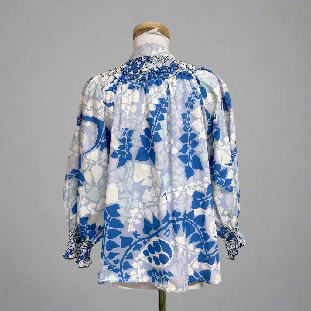 CK Bradley blue and white print blouse, size M