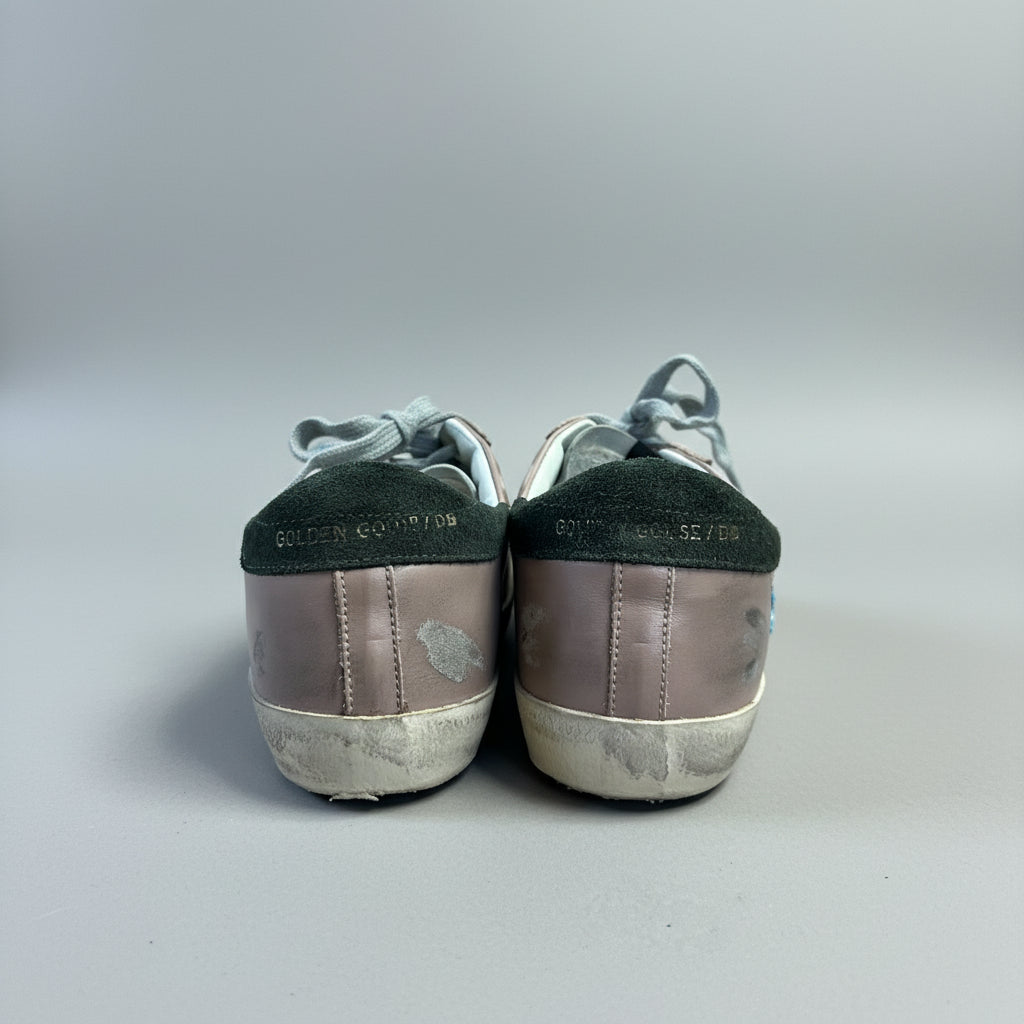 Golden Goose pink leather and olive suede Super Star sneakers, size 37, US 7