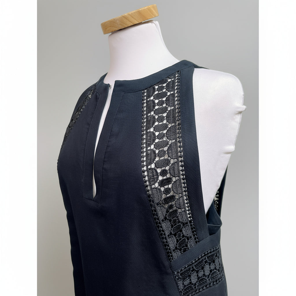 Reiss navy Rhona dress with embroidery, size 6
