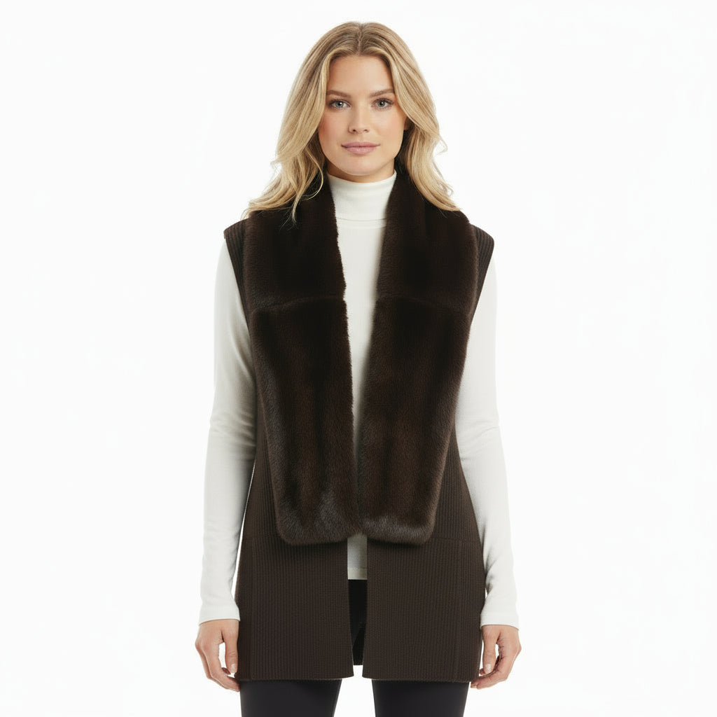 Worth brown wool vest with rabbit trim, size P, NEW WITH TAGS!