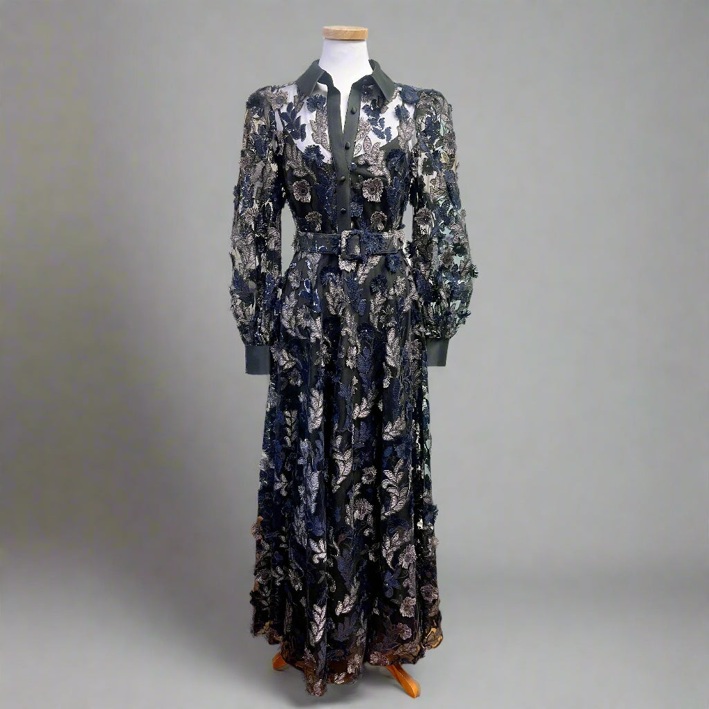 Badgley Mischka black, navy, and plum floral sequin dress, size 6