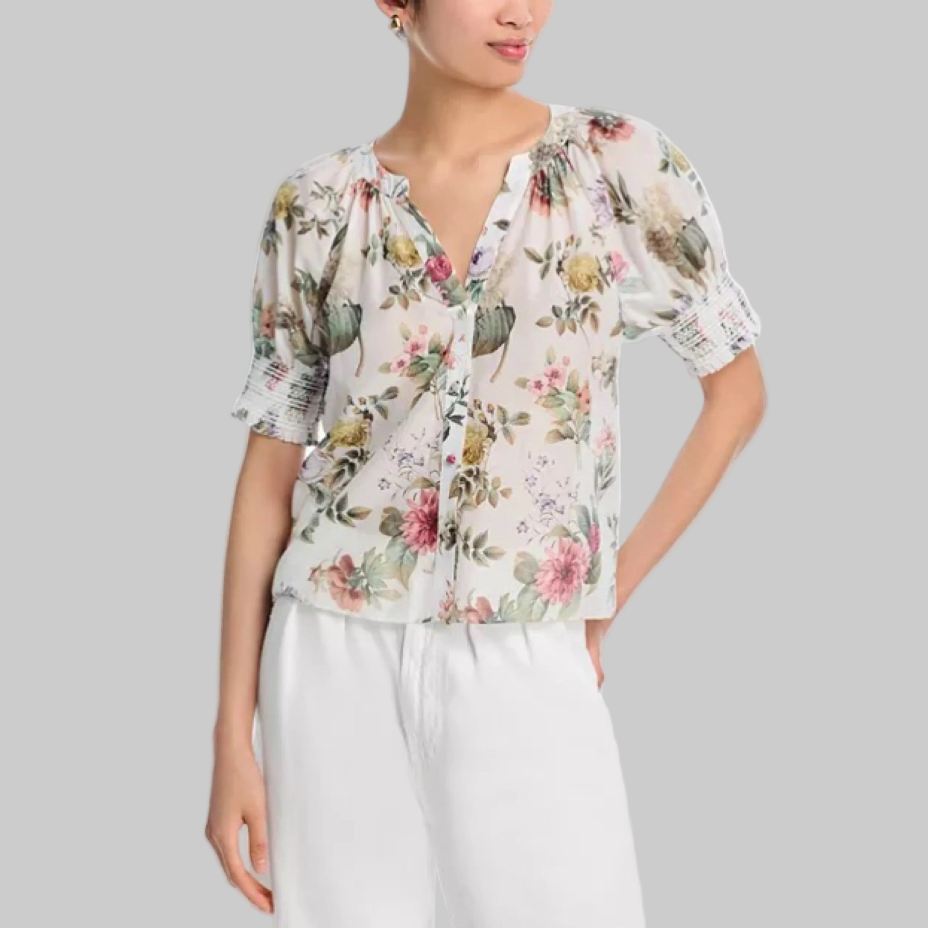 Alice & Olivia white floral Thalia Puff sleeve blouse, size S