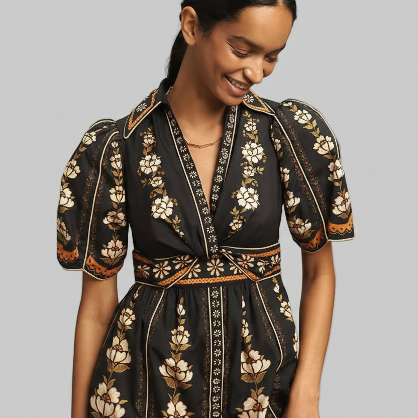 FARM Rio black and tan embroidered floral dress, size M