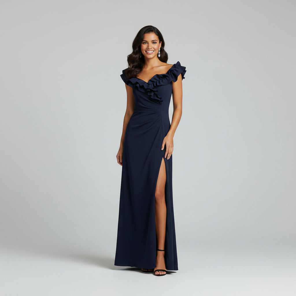 Xscape navy formal dress with ruffles, size 8, NEW WITH TAGS!