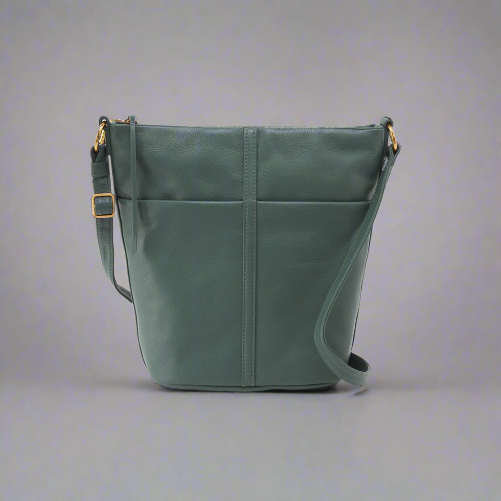 Hobo dark sage leather Fern Bucket Crossbody, LIKE NEW!