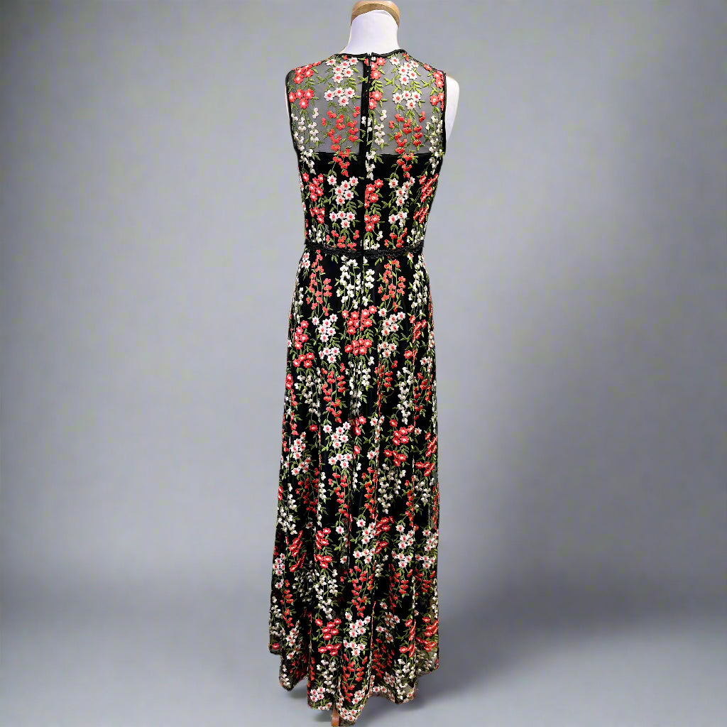 Tahari black embroidered floral dress, size 4
