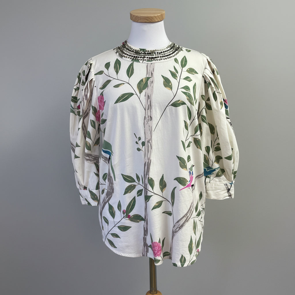 Sheridan French cream bird print blouse, size M