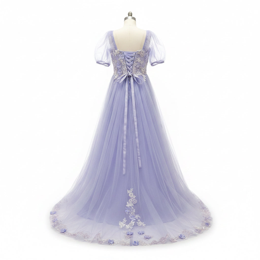 Lavender tulle dress with floral appliqué, size L