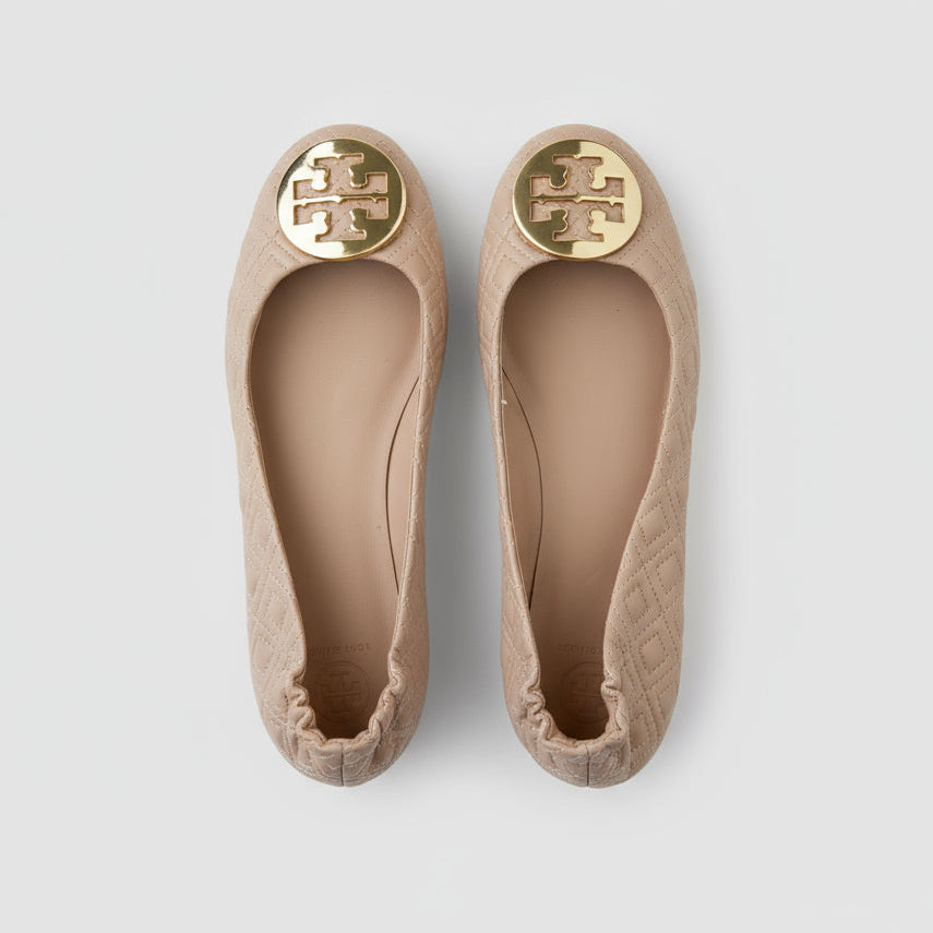 Tory Burch tan quilted Minnie travel flats, size 9