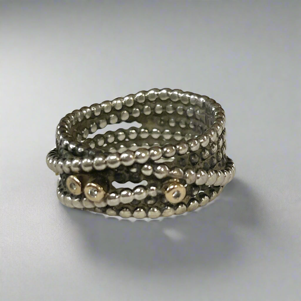 Pandora sterling, 14K gold, and diamond ring, size 7