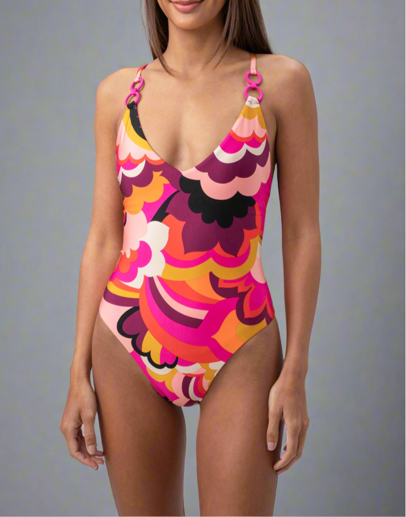 Trina Turk pink print Fan Faire bathing suit, size 8, NEW WITH TAGS!