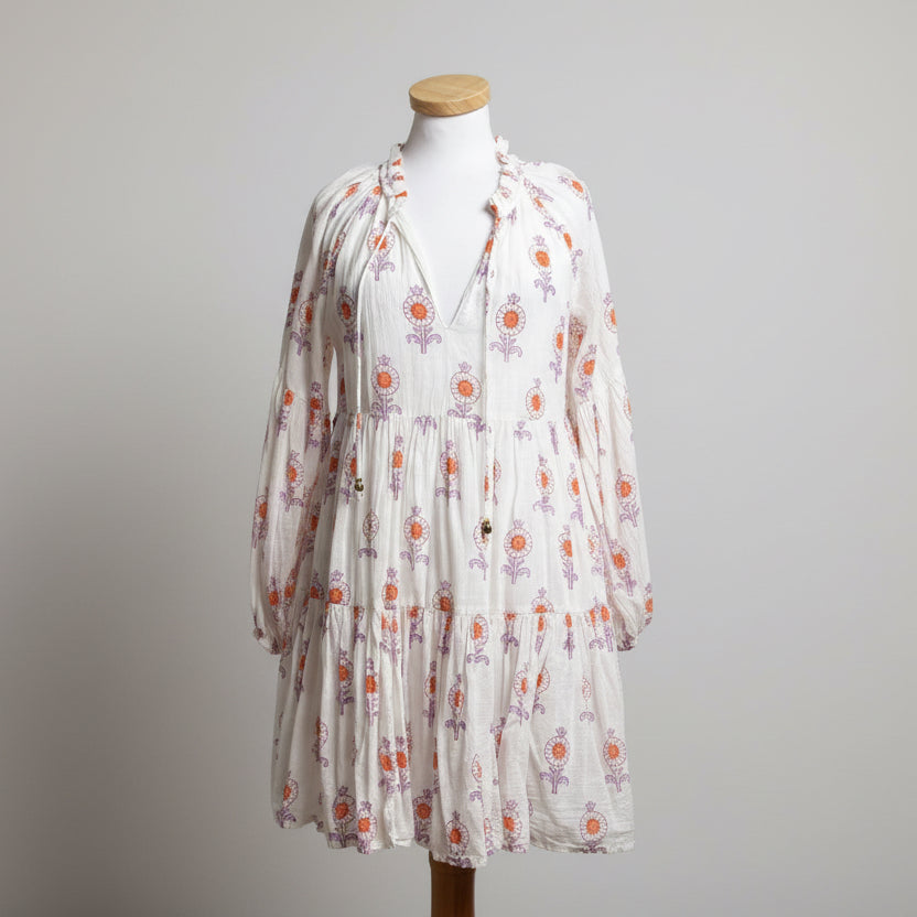Oliphant white, lavender and orange floral dress, size S