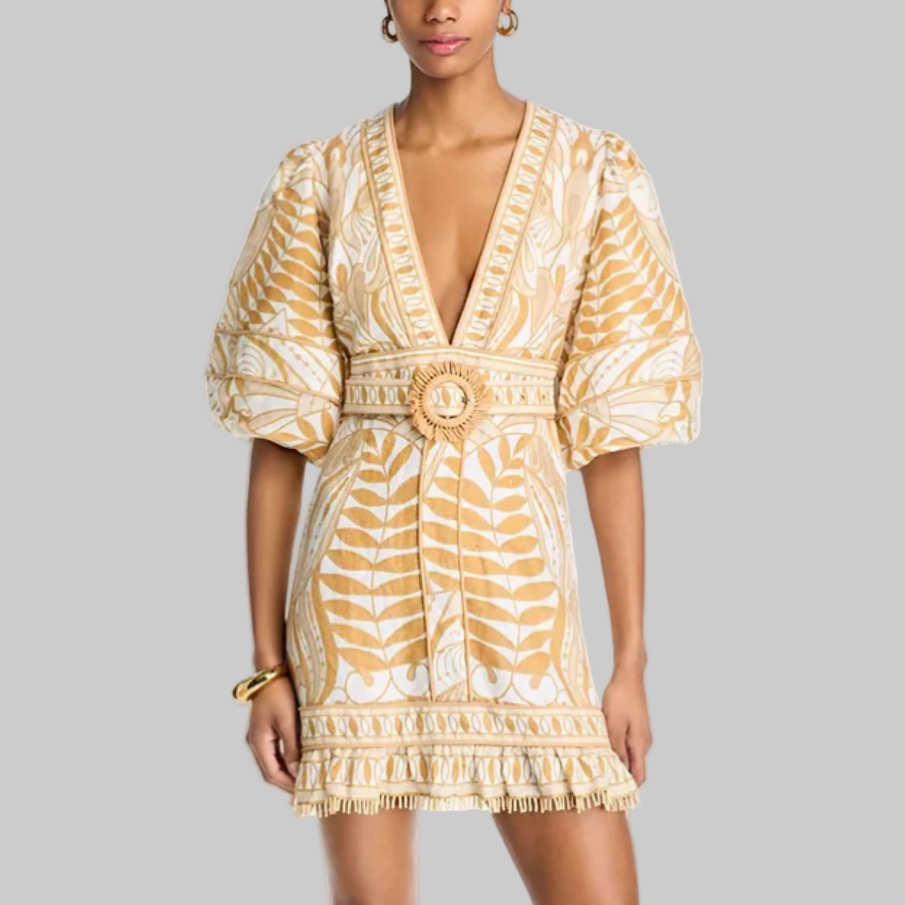 FARM Rio tan and cream Lace Nature Mini dress, size M