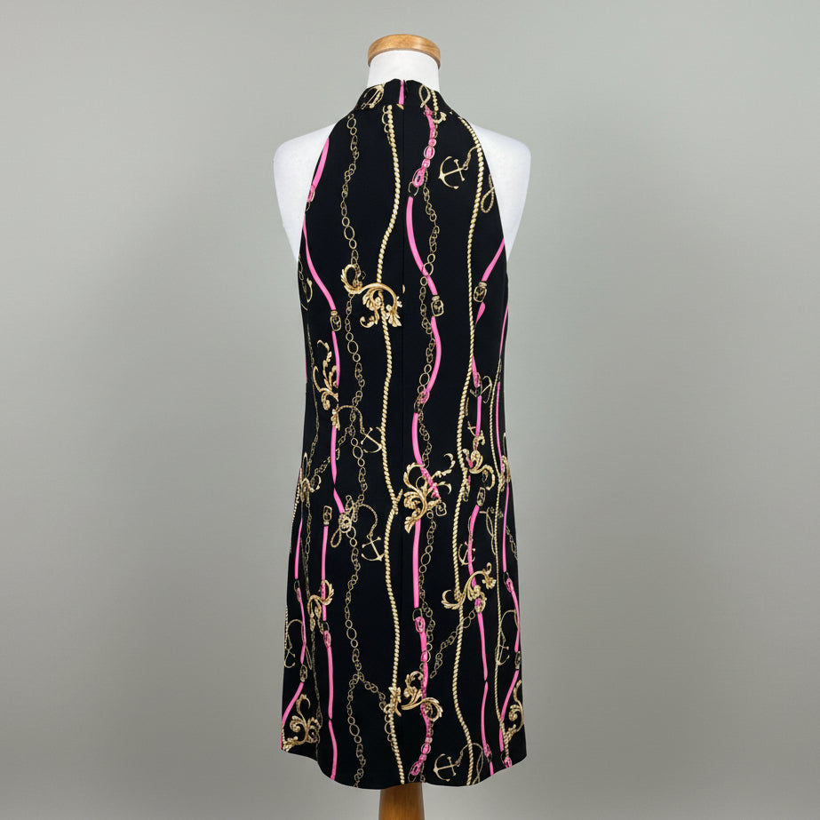 Frank Lyman black, gold, and pink print dress, size 10