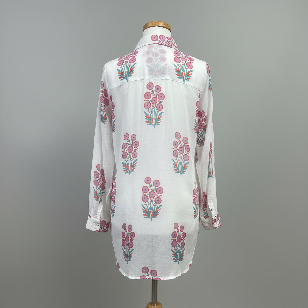 Oliphant white, pink, turquoise floral cotton blouse, size M