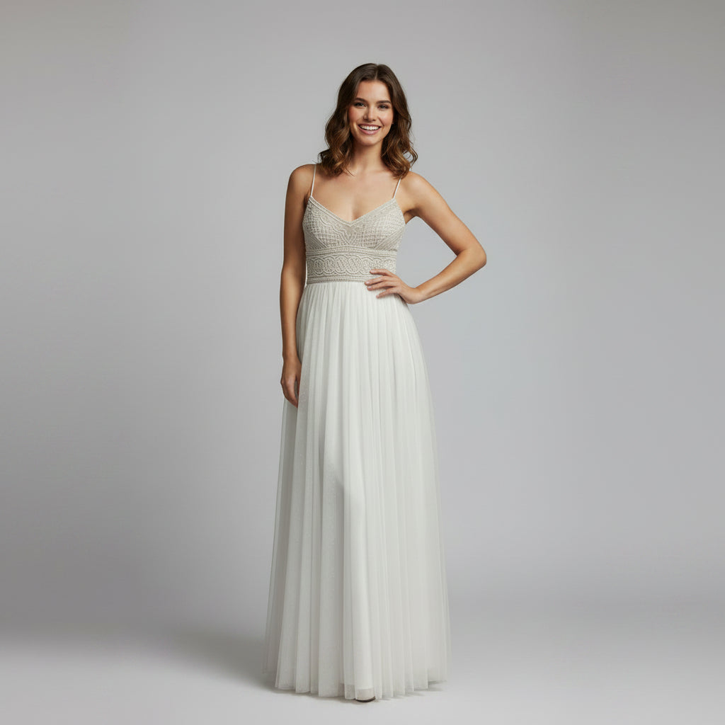 Adrianna Papell ivory tulle and bead Naya gown, size 2