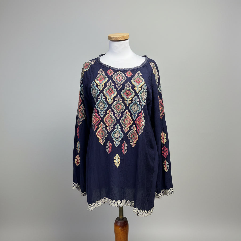 Johnny Was navy embroidered blouse, size XL