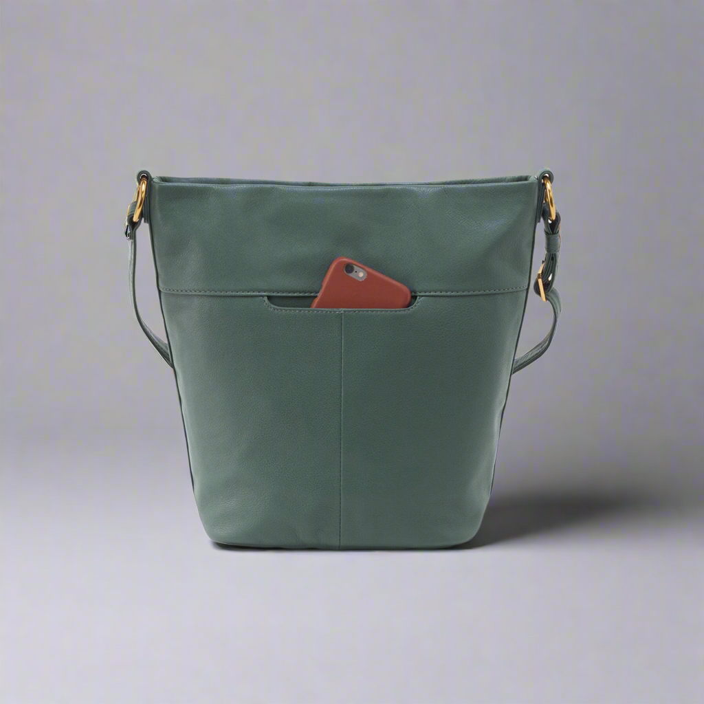 Hobo dark sage leather Fern Bucket Crossbody, LIKE NEW!