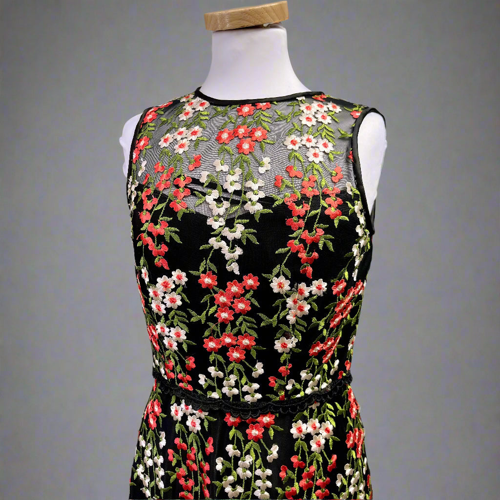 Tahari black embroidered floral dress, size 4