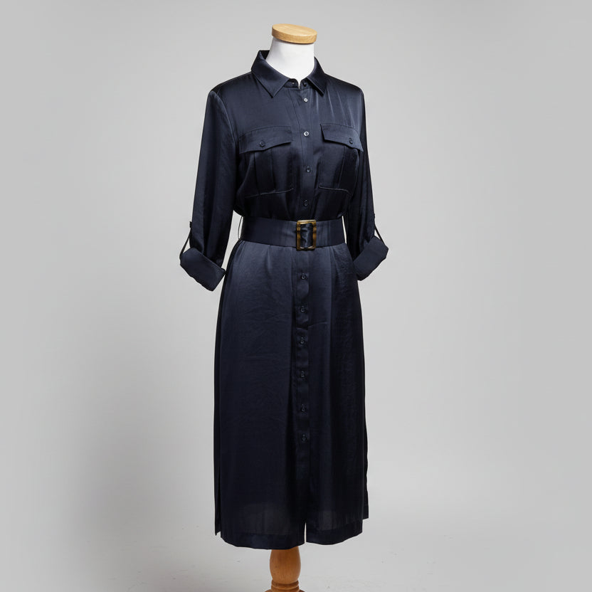 Elie Tahari navy satin shirt dress, sizes XS & S, NEW WITH TAGS!