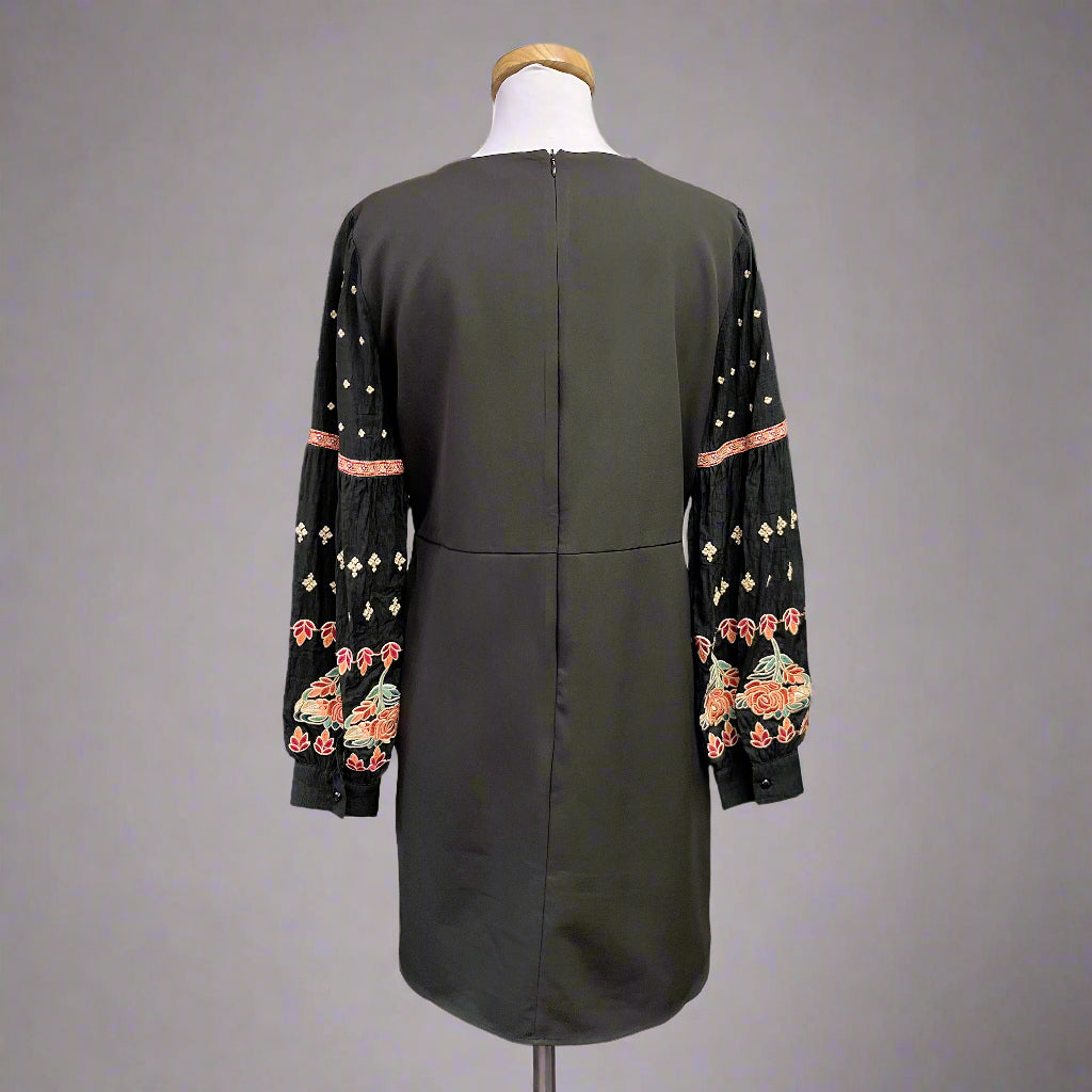 THML black dress with embroidered sleeves, size L