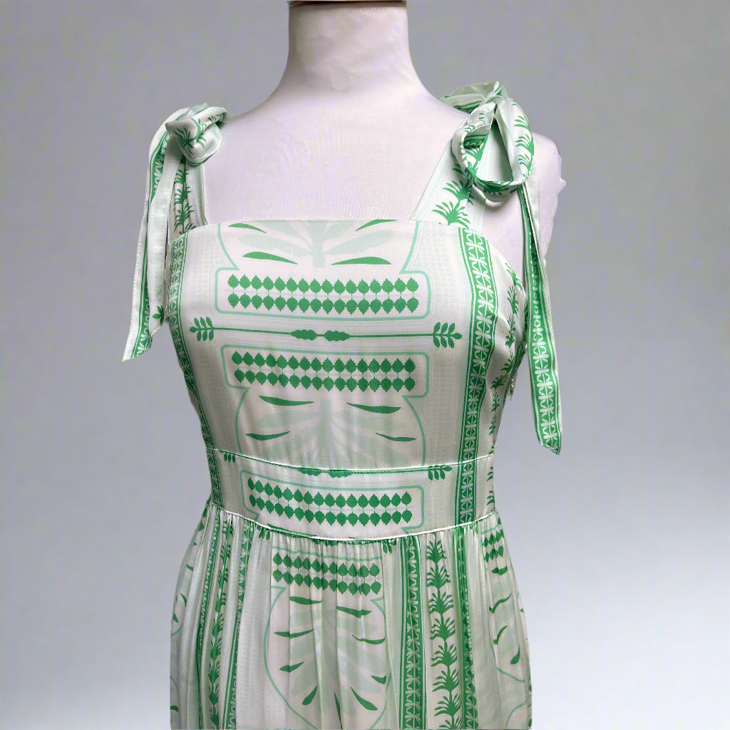 Emily McCarthy green print Royal Palm Bow maxi dress, size XS