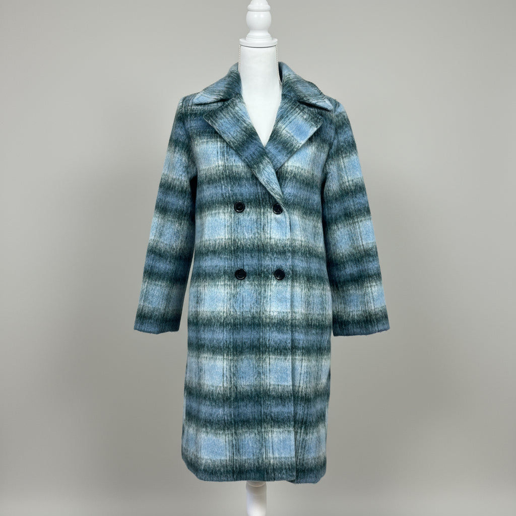 MinkPink light blue plaid coat, size S
