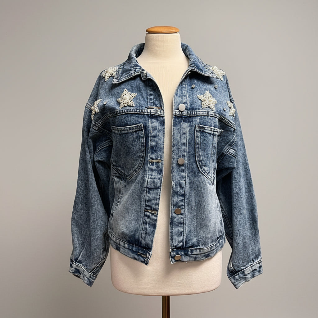 Veveret denim jacket with pearls, size S