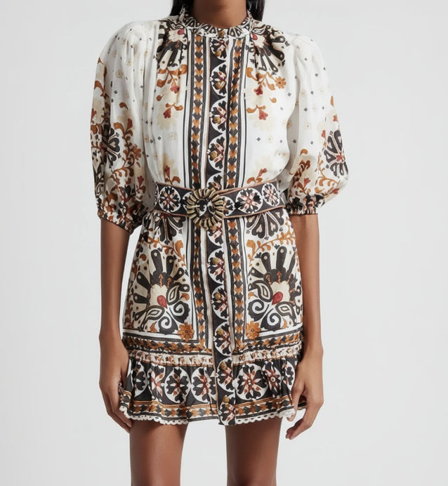 FARM Rio white, tan, and black Flower Fan dress, size M