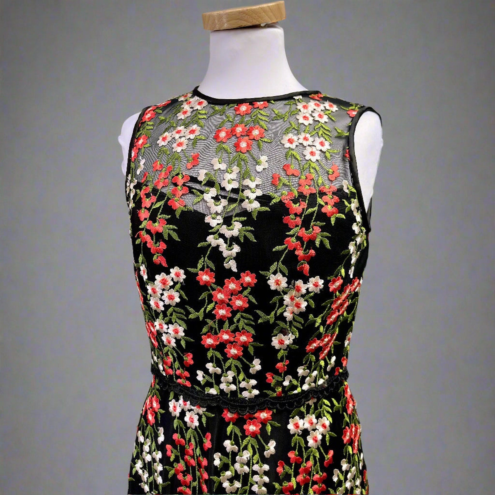 Tahari black embroidered floral dress, size 4